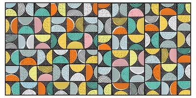 Colorful seamless geometric pattern featuring various shapes, including circles and curves, in pastel and bold colors with intricate dot and line texture on black color background. vector