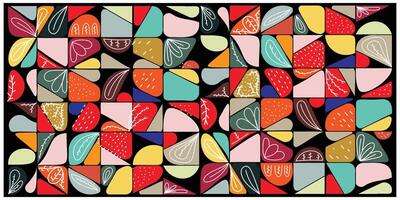 A colorful abstract collage featuring geometric shapes and leaf motifs, set against a black background. vector