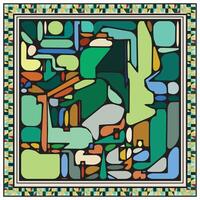 Abstract geometric square scarf print design featuring a mosaic of vibrant colors and organic shapes, framed by a patterned border. vector
