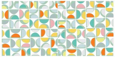 A colorful square scarf print design in geometric pattern featuring semi-circles in various colors on a black background, framed by an intricate border. vector