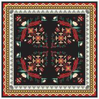 Colorful floral scarf print and butterfly pattern on a black background, framed by intricate borders in red, yellow and white. vector