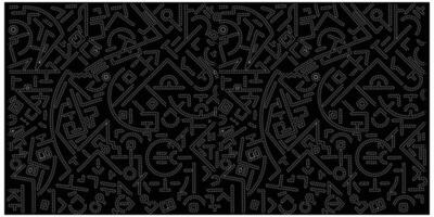 A chaotic arrangement of dotted geometric shapes and symbols in white on a black background, creating an abstract design. vector
