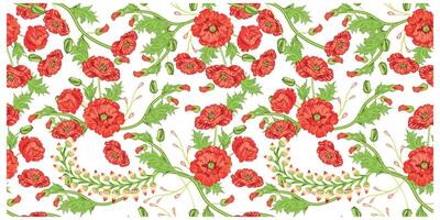 A vibrant floral pattern featuring red poppies and leafy greens against a white background. vector