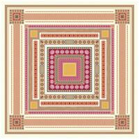 Colorful abstract square geometric print pattern with red, yellow, pink, and grey rectangle, surrounded by a vibrant, patterned border, highlighting a captivating geometric composition. vector