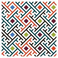 Colorful geometric repeat pattern featuring interwoven lines and squares in shades of brown, blue, green, orange, and burgundy on a white background. vector
