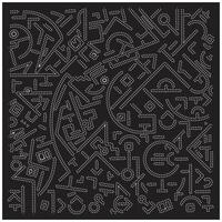 A complex pattern of white dots on a black background, featuring various abstract shapes and symbols. vector