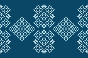 Cross stitch with blue color background ethnic pattern fabric motif decoration art. vector