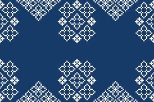 Blue color background cross stitch ethnic pattern fabric motif design decor. vector