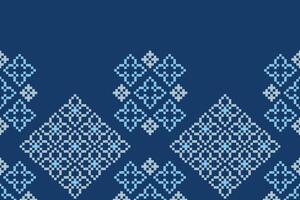Pixel art of blue color background ethnic pattern fabric motif design. vector