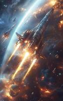Space ship exploring galaxy, encountering astronomical objects photo