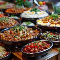 An assortment of natural foods and ingredients arranged in bowls on the table photo
