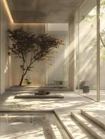 A tree stands in the room, adding a touch of nature to the building photo