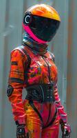 Futuristic spacesuit with neon helmet for astronauts or cyber costumes photo