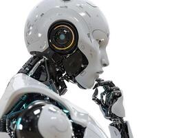 Robot contemplating automotive design with hand on chin photo