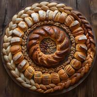 a bunch of different types of bread are arranged in a circle photo