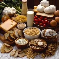 Wooden table showcasing an array of natural foods like bread and vegetables photo