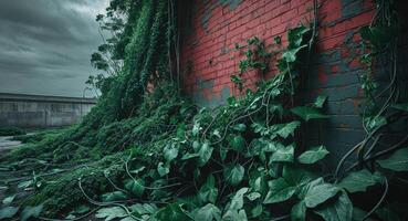 Urban jungle vibes with brick wall and lush green vines creating a natural backdrop photo