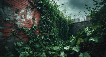 Urban jungle vibes with brick wall and lush green vines creating a natural backdrop. photo