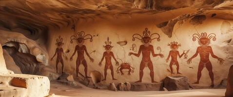 Exploring prehistoric rock art of human figures and creatures in ancient cave setting. photo