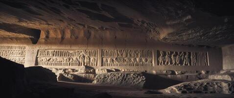 Ancient carvings reveal intricate designs on rocky surface in a dimly lit cave. photo