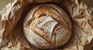 rustic round sourdough bread on crinkled brown paper with flour dusting photo