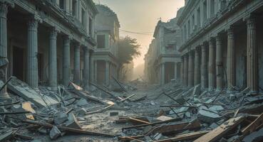 Devastating earthquake aftermath in historic street with collapsed buildings and debris photo