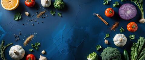 Fresh Colorful Vegetables and Spices on Dark Blue Surface for Culinary Background or Recipe. photo