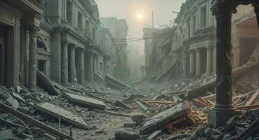 Devastating earthquake aftermath in historic street with collapsed buildings and debris. photo