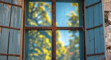 Old window with rusty iron bars and weathered blue shutters is reflecting trees in the glass on a sunny day. photo