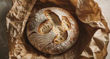 rustic round sourdough bread on crinkled brown paper with flour dusting. photo