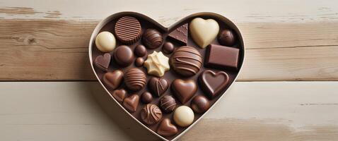 Assorted Chocolate Confections in Heart Shaped Box on Wooden Surface. photo