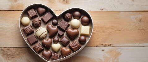Assorted Chocolate Confections in Heart Shaped Box on Wooden Surface photo