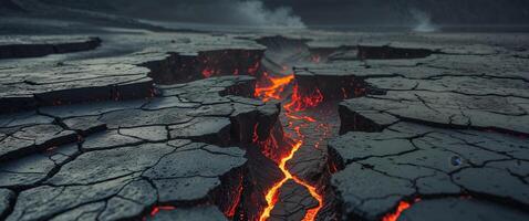 Molten lava flows through cracked volcanic rock photo