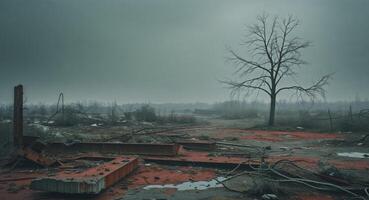 A tree stands alone in an abandoned field photo