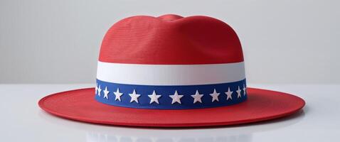 Red hat with a white stripe and a blue stripe with stars on it. photo