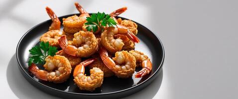 Delicious crispy fried shrimp served on a black plate garnished with fresh parsley for a seafood delight photo