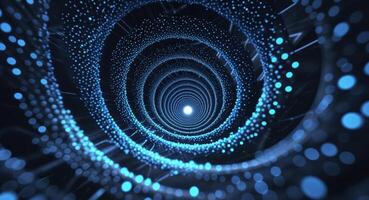 blue glowing particles spiral in dark background technology innovation concept. photo