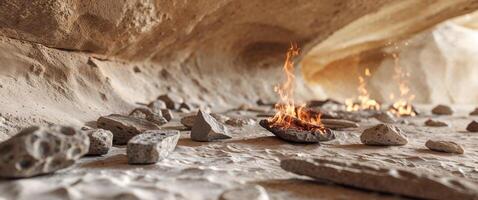 Fire and Stone Tools in Prehistoric Caves. photo