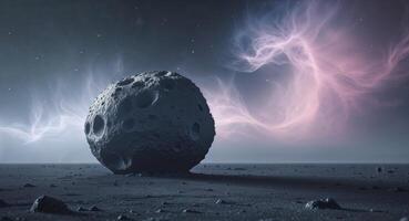 Large asteroid is traveling through outer space with a nebula in the background photo