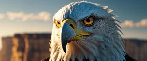 Fierce Eagle s Fierce Face with Glowing Golden Eyes Highlighted by Sunlight Over Cliff Edge. photo