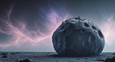 Large asteroid is traveling through outer space with a nebula in the background. photo
