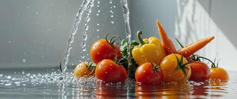 Colorful Vegetables Being Washed Under Running Water. photo