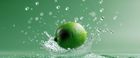 Dynamic Fresh Limes Creating Crystal Water Splash on Green Background photo