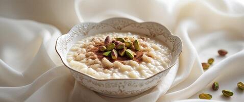 Rice pudding topped with pistachios and cinnamon in decorative bowl photo
