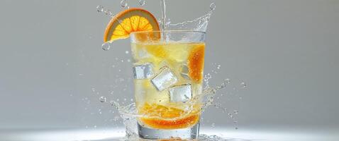Refreshing beverage with orange slice splashing in glass filled with ice and liquid. photo