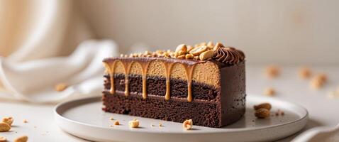 A piece of chocolate cake with peanut butter frosting photo