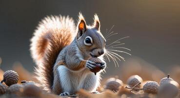 Cute squirrel holding an acorn in its paws. photo