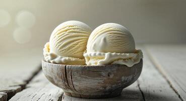 Creamy vanilla ice cream scoops in a rustic wooden bowl on a neutral colored surface background photo