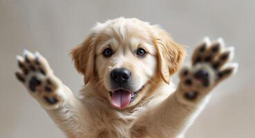 Adorable Golden Retriever Puppy Reaches Out Playfully with Paws Extended and Tongue Out. photo