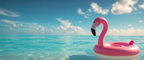 Summer Vacation Scene with Pink Flamingo Pool Float in Crystal Clear Water and Deep Blue Sky. photo